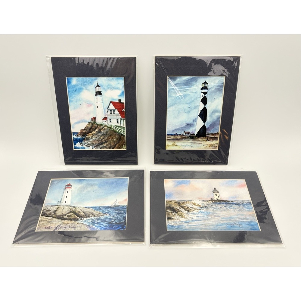 Vintage Lot of 4 Jerry Bishop Lighthouse Art Prints 5x7 Matted Coastal Nautical